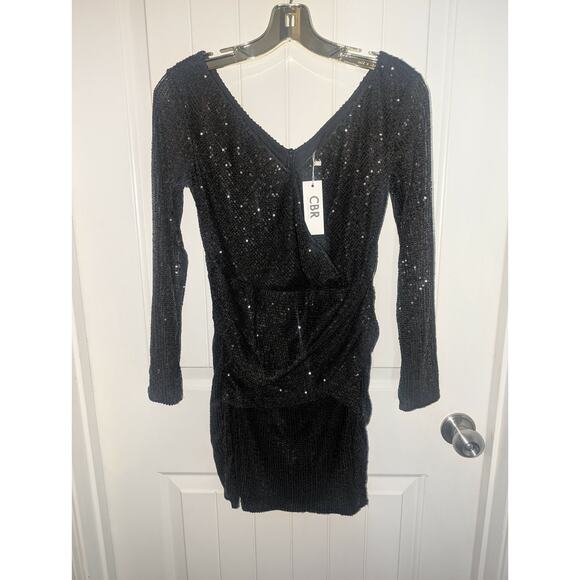NEW! CBR SEQUIN BLACK DRAPPED MID DRESS V NECK LONG SLEEVE PARTY DRESS SIZE S - Picture 1 of 11